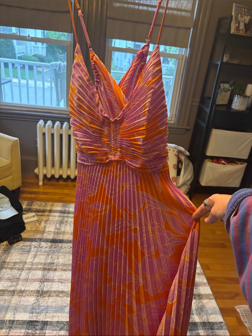 Astr Pink and Orange Pleated Midi Dress with Spaghetti Straps NWT